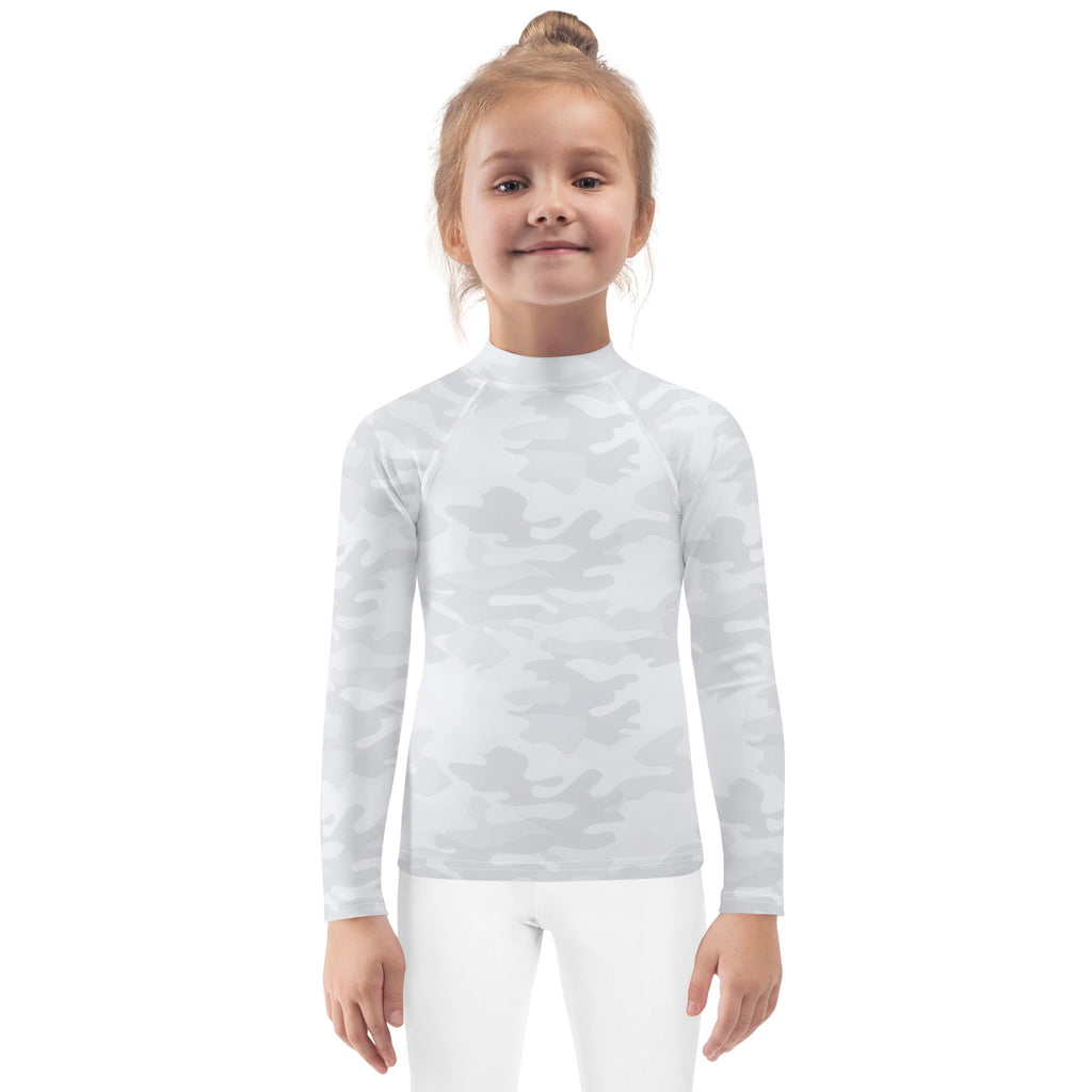 Kids white and gray camouflage long sleeve rash guard swim shirt with UPF 50+ for sun protection