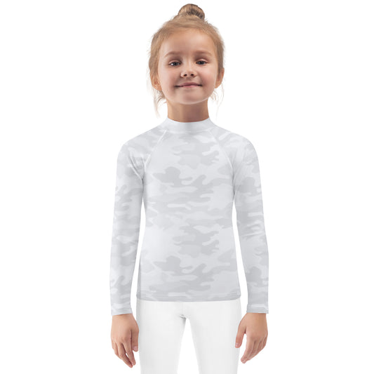 Kids White Camouflage Long Sleeve Rash Guard Swim Shirt With UPF 50+