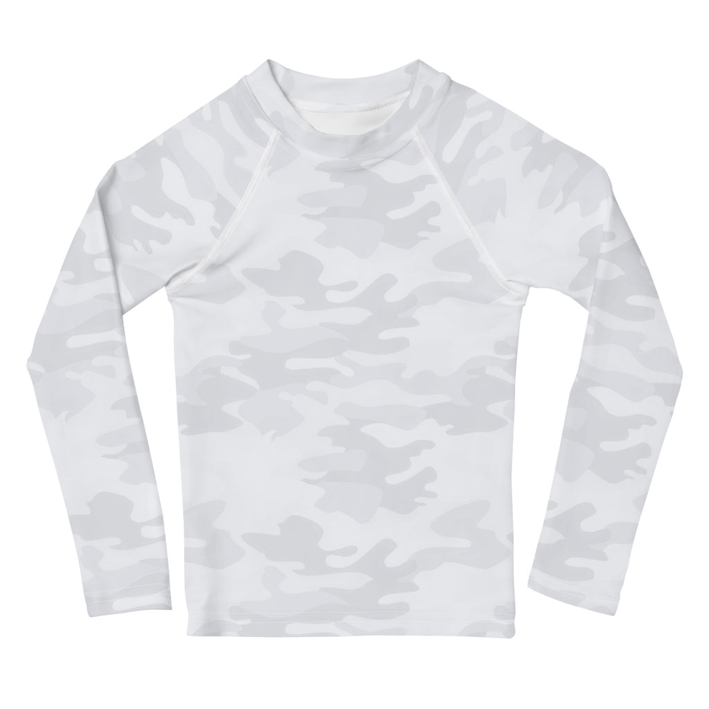 Kids white camouflage long sleeve rash guard swim shirt with upf 50 and subtle gray pattern for sun protection