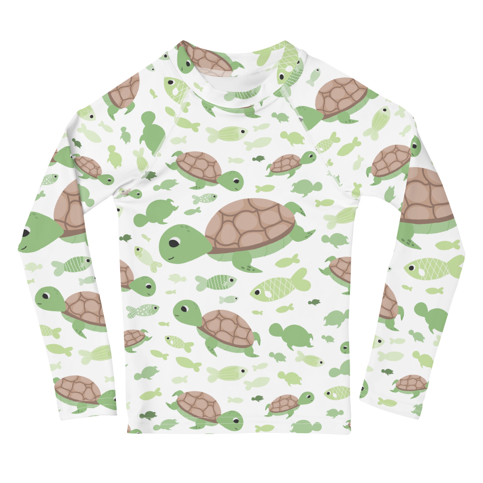 White kids long sleeve rash guard with playful green and brown turtles and light green fish swim pattern upf 50+