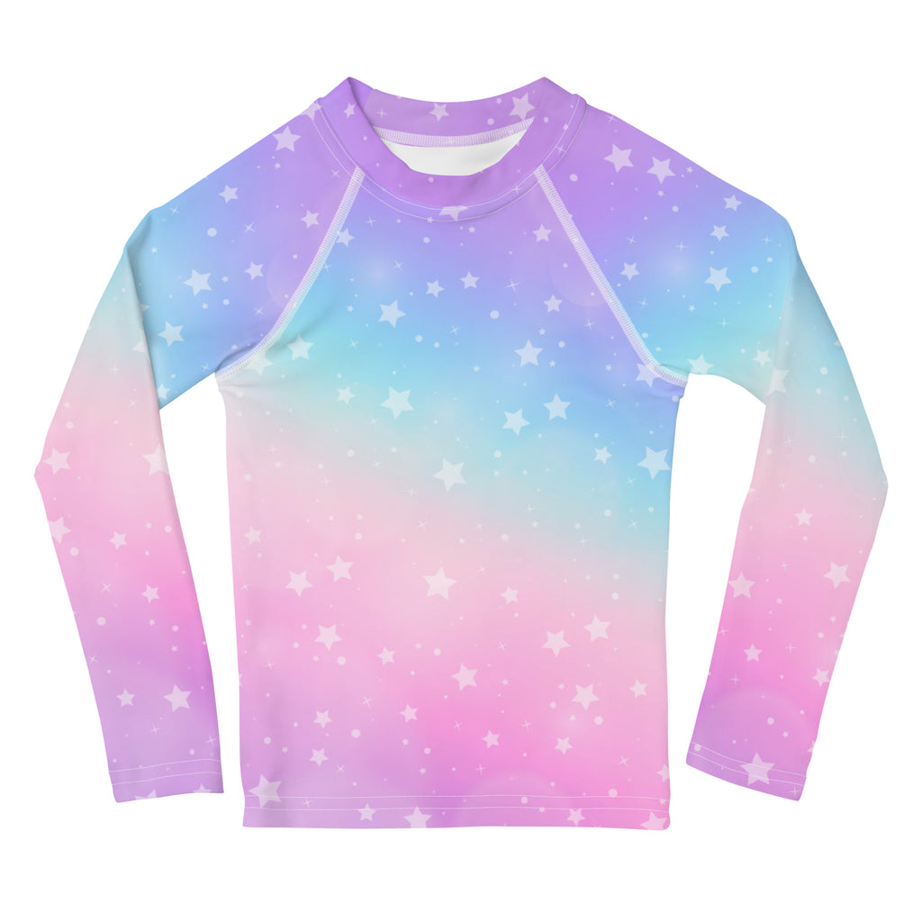 Girls Rainbow Stars Long Sleeve Rash Guard Swim Shirt With UPF 50+