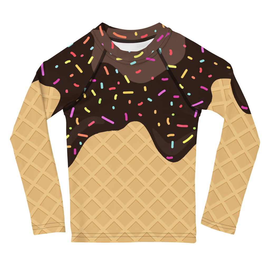 Kids chocolate ice cream waffle cone long sleeve rash guard swim shirt with colorful sprinkles and upf 50+ protection