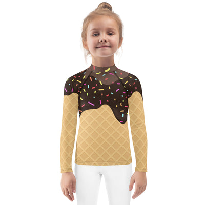 Kids Chocolate Ice Cream Waffle Cone With Sprinkles Long Sleeve Rash Guard Swim Shirt With UPF 50+
