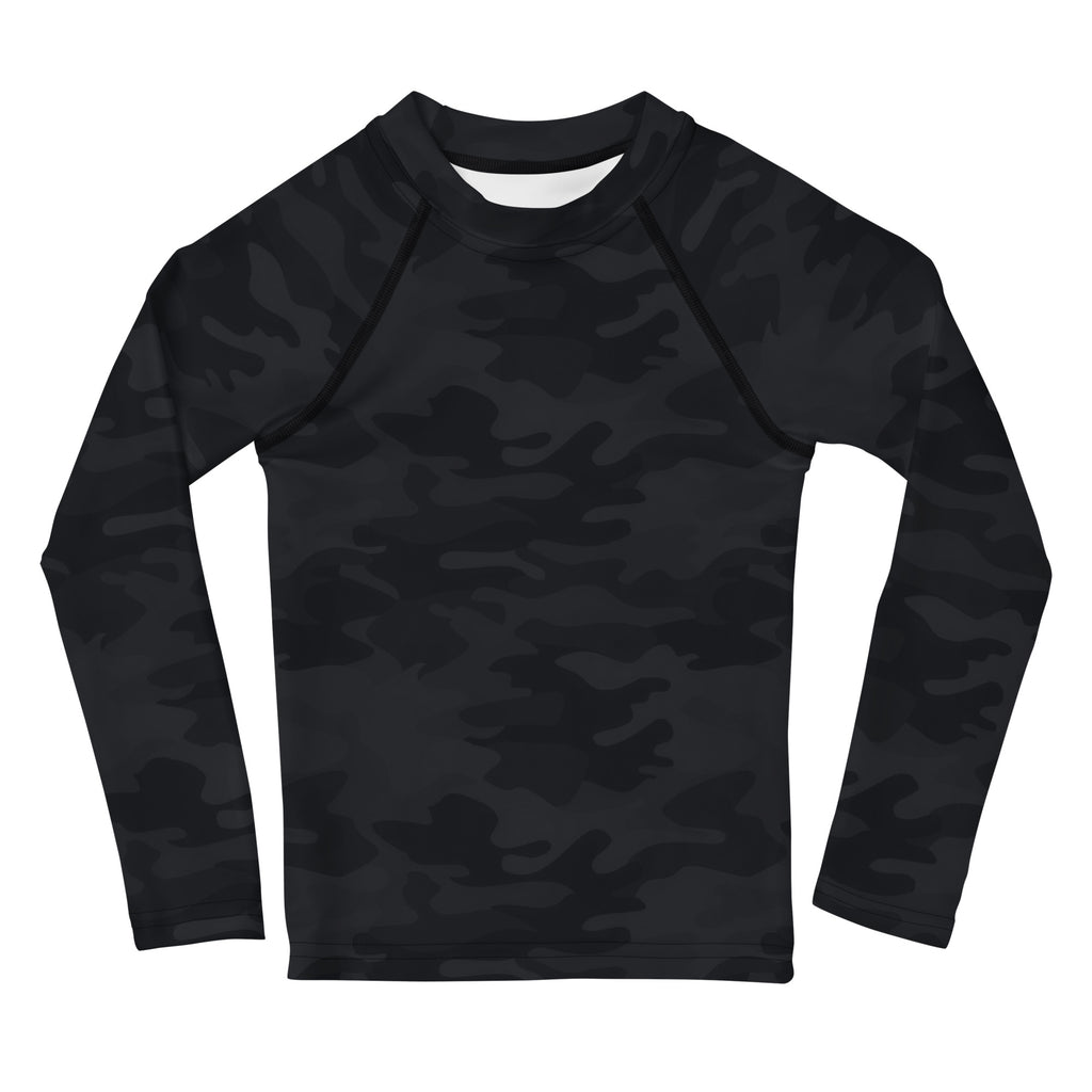 Kids black camouflage long sleeve rash guard swim shirt with upf 50 plus featuring subtle dark gray pattern