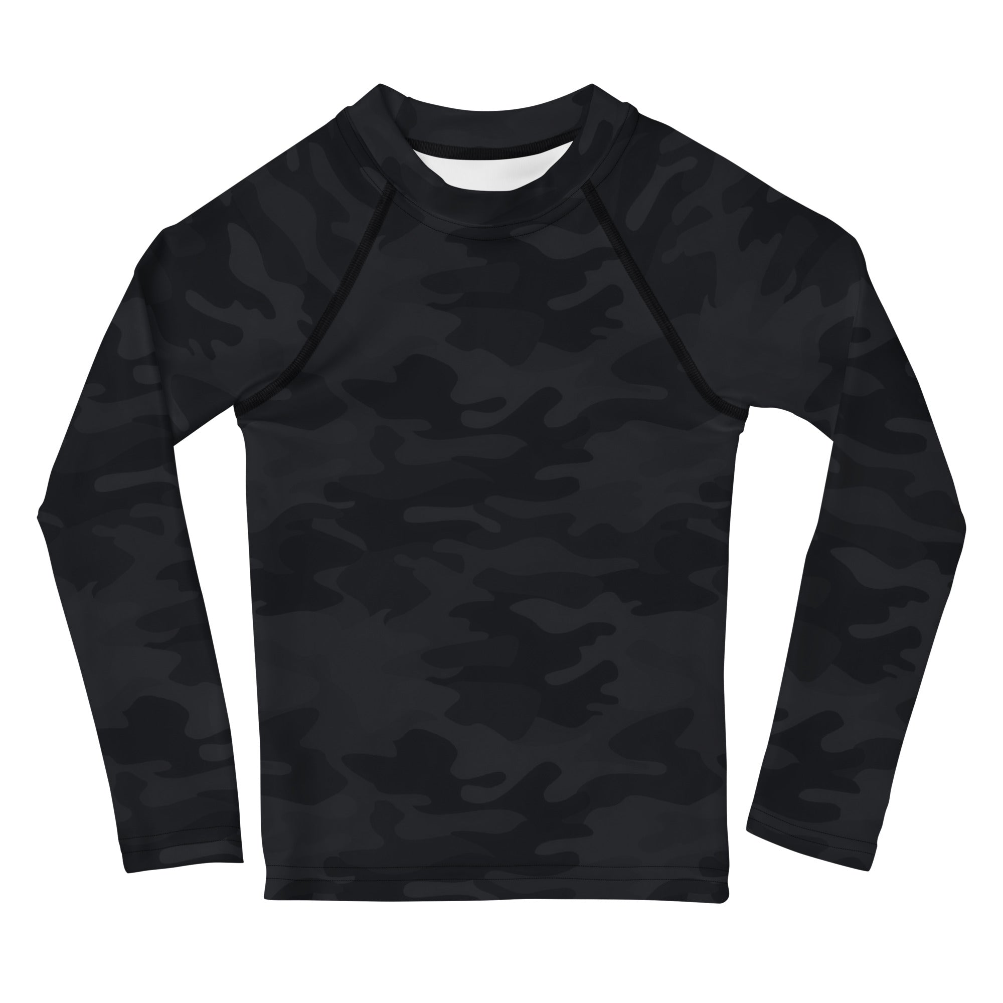 Kids black camouflage long sleeve rash guard swim shirt with upf 50 plus featuring subtle dark gray pattern