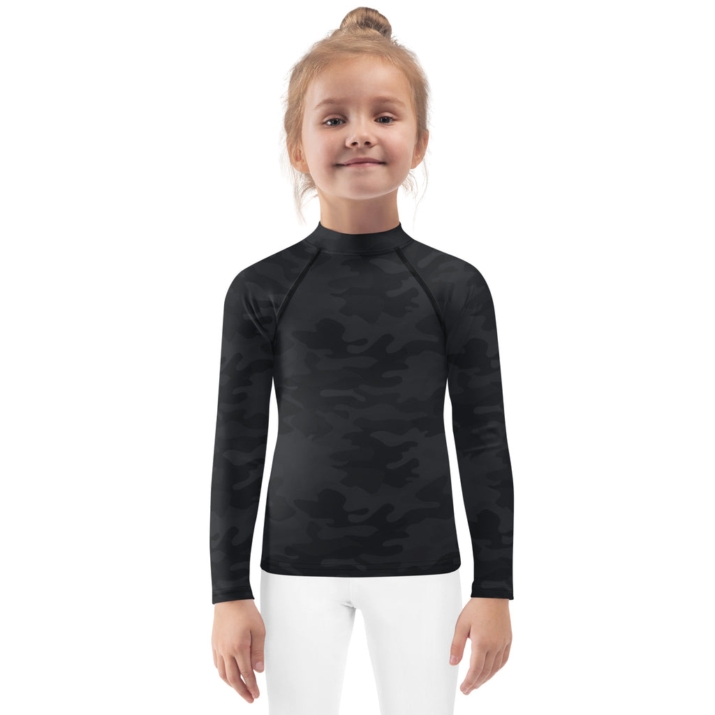 Kids black camouflage long sleeve rash guard swim shirt with upf 50 plus featuring a subtle dark camo pattern