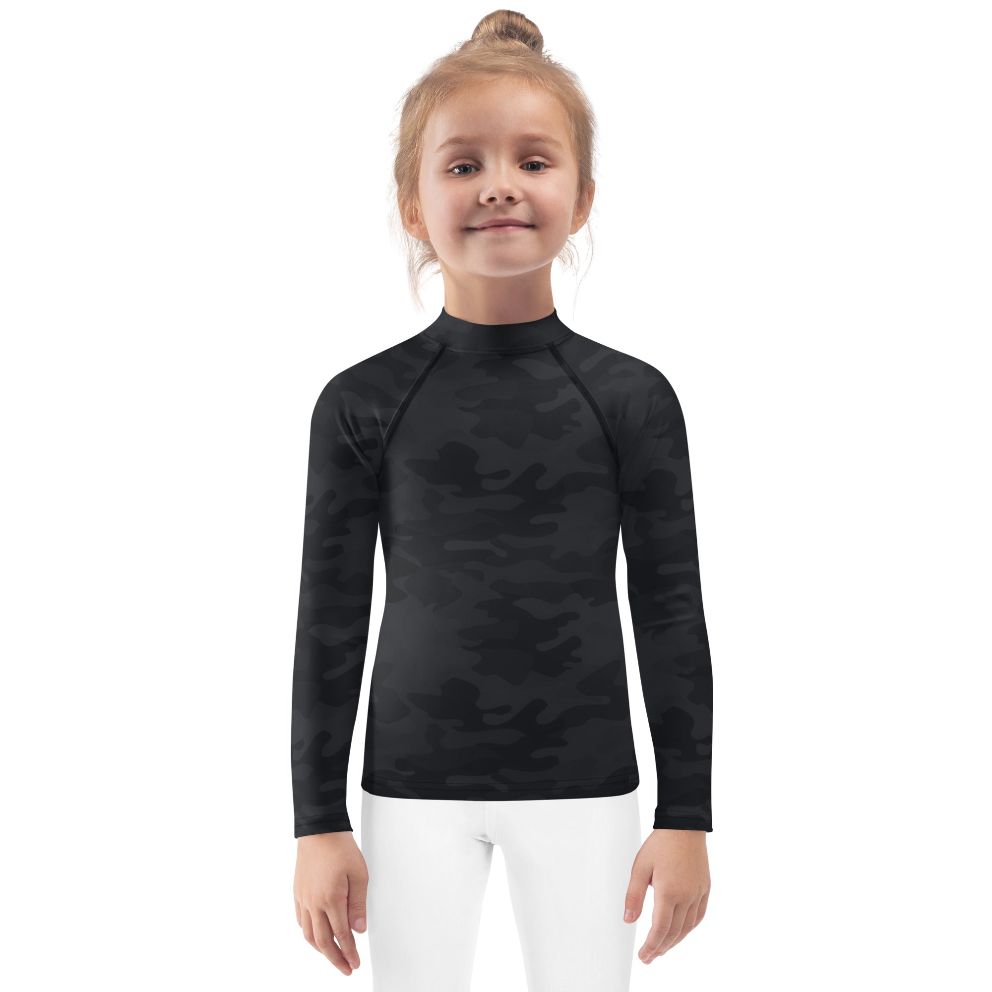 Kids black camouflage long sleeve rash guard swim shirt with upf 50 plus featuring a subtle dark camo pattern
