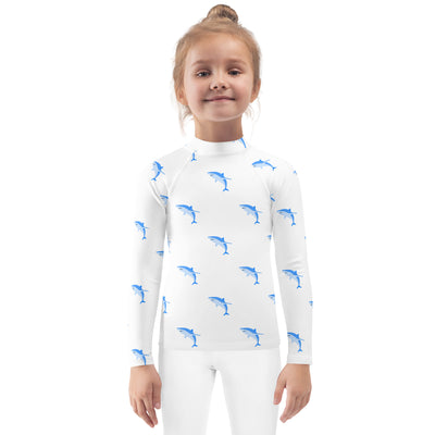 Kids white long sleeve rash guard with blue shark pattern swim shirt featuring UPF 50 plus sun protection