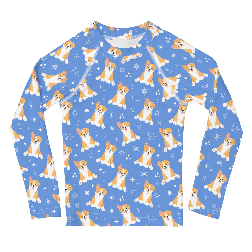 Kids Blue Corgi Dog Long Sleeve Rash Guard Swim Shirt With UPF 50+