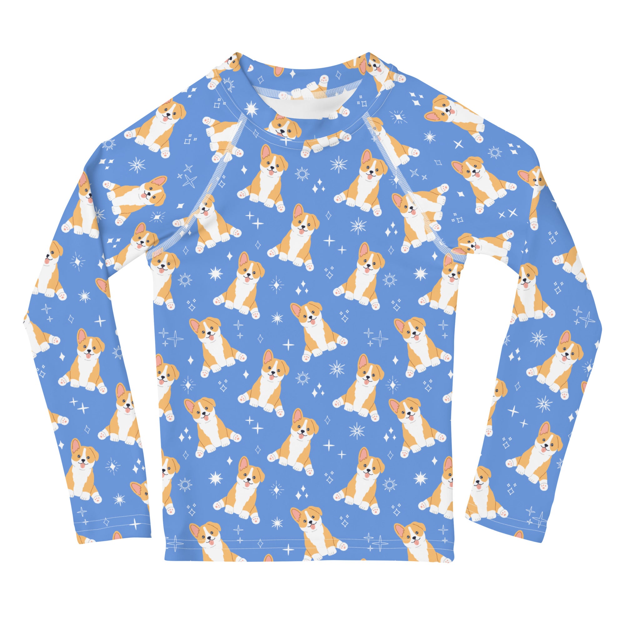 Kids Blue Corgi Dog Long Sleeve Rash Guard Swim Shirt With UPF 50+