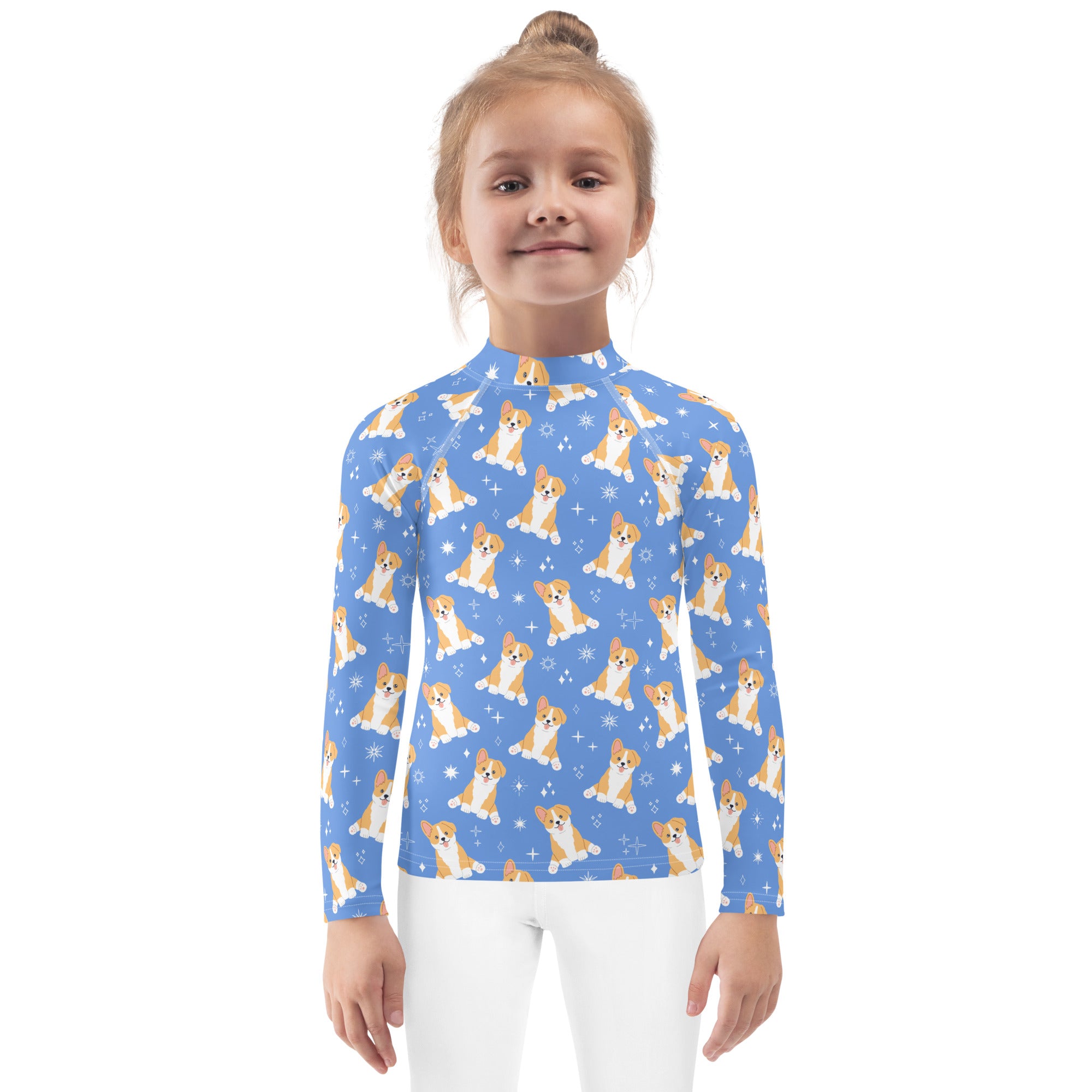 Kids Blue Corgi Dog Long Sleeve Rash Guard Swim Shirt With UPF 50+