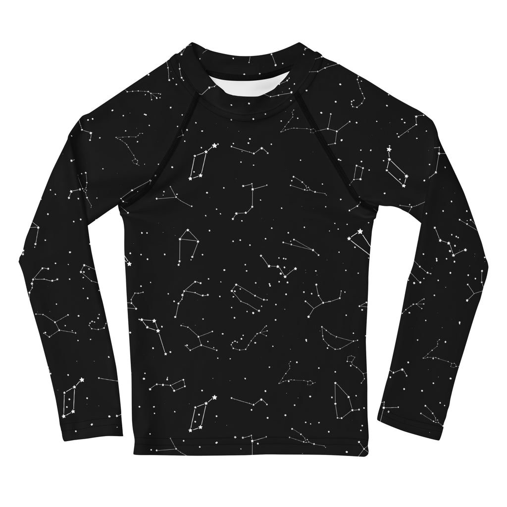 Black long-sleeved kids rash guard swim shirt with white constellation pattern and upf 50 plus sun protection
