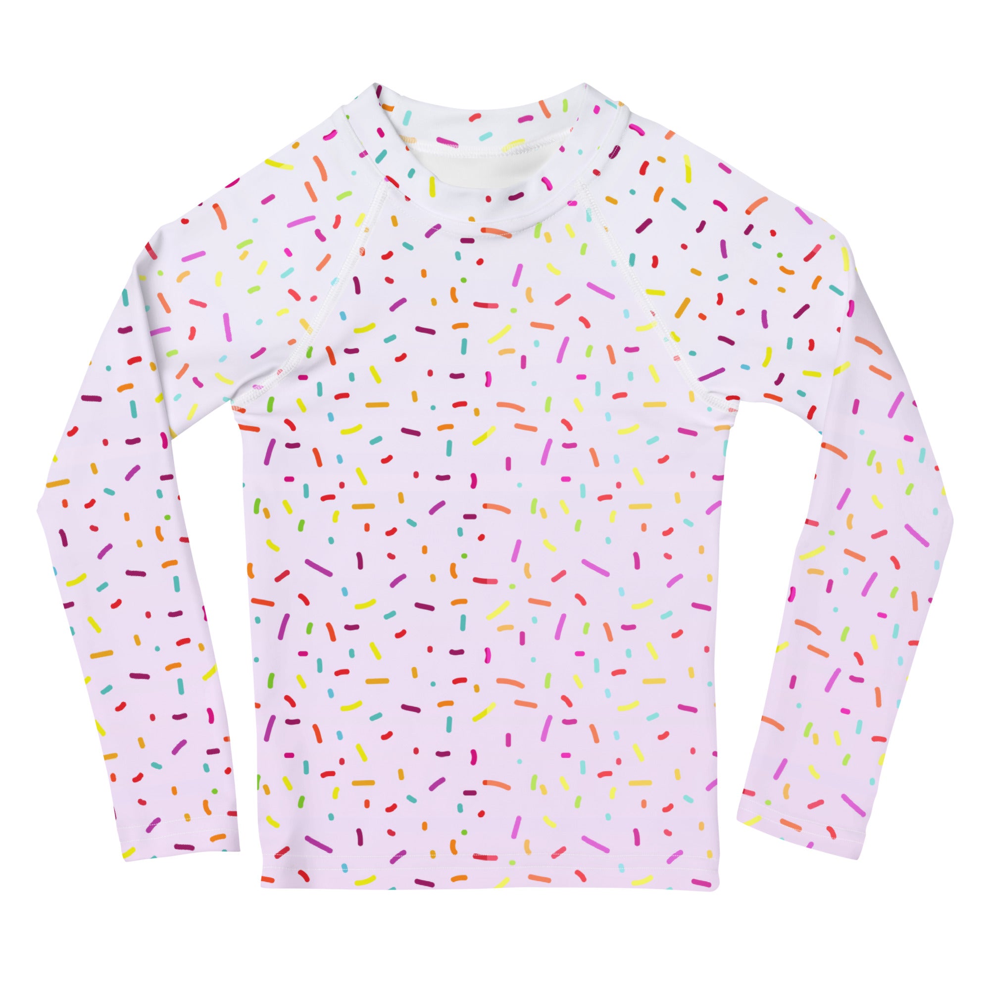 Kids colorful sprinkles long sleeve rash guard swim shirt in white with multicolored sprinkle pattern and upf 50+ protection
