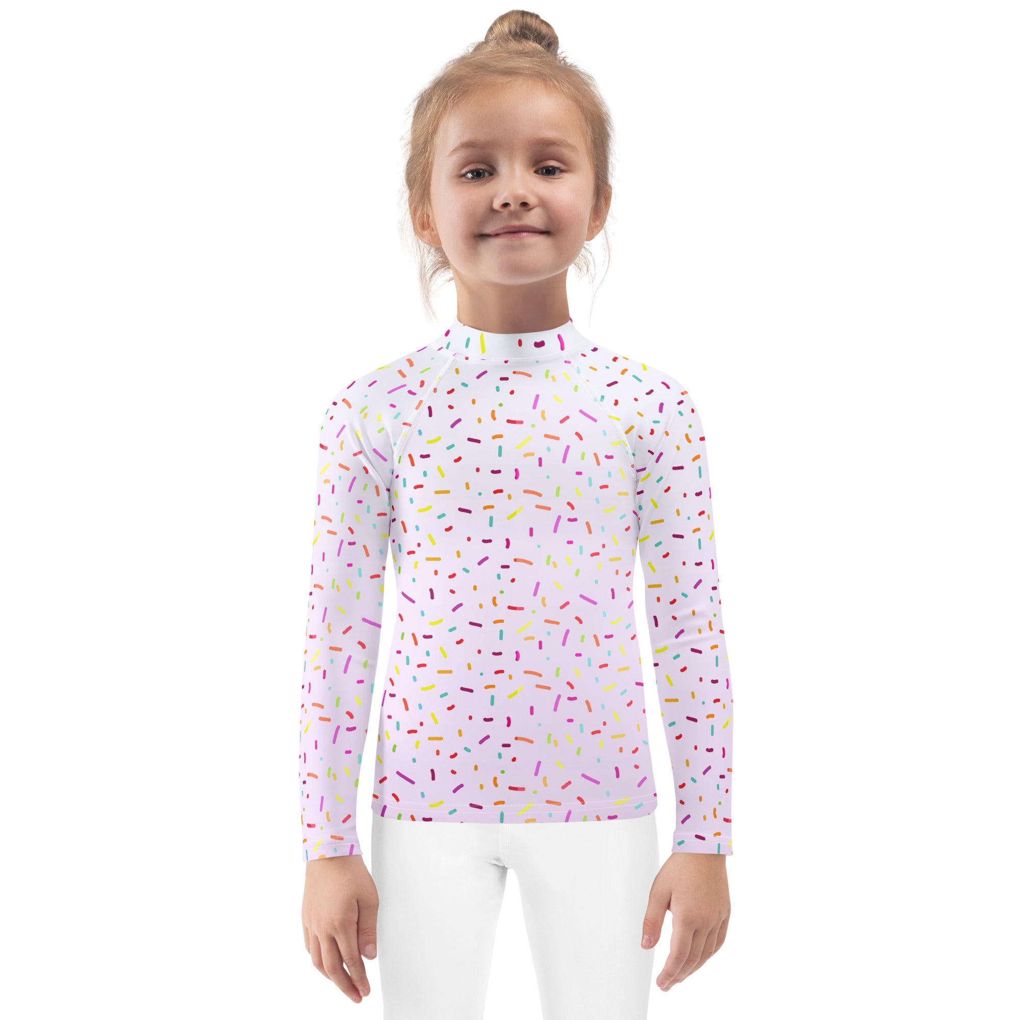 A kids colorful sprinkles long sleeve rash guard swim shirt in soft lavender with upf 50 plus for sun protection