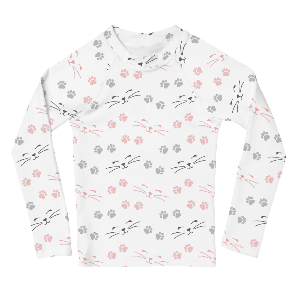 Girls Paw Print Cat Long Sleeve Rash Guard Swim Shirt With UPF 50+