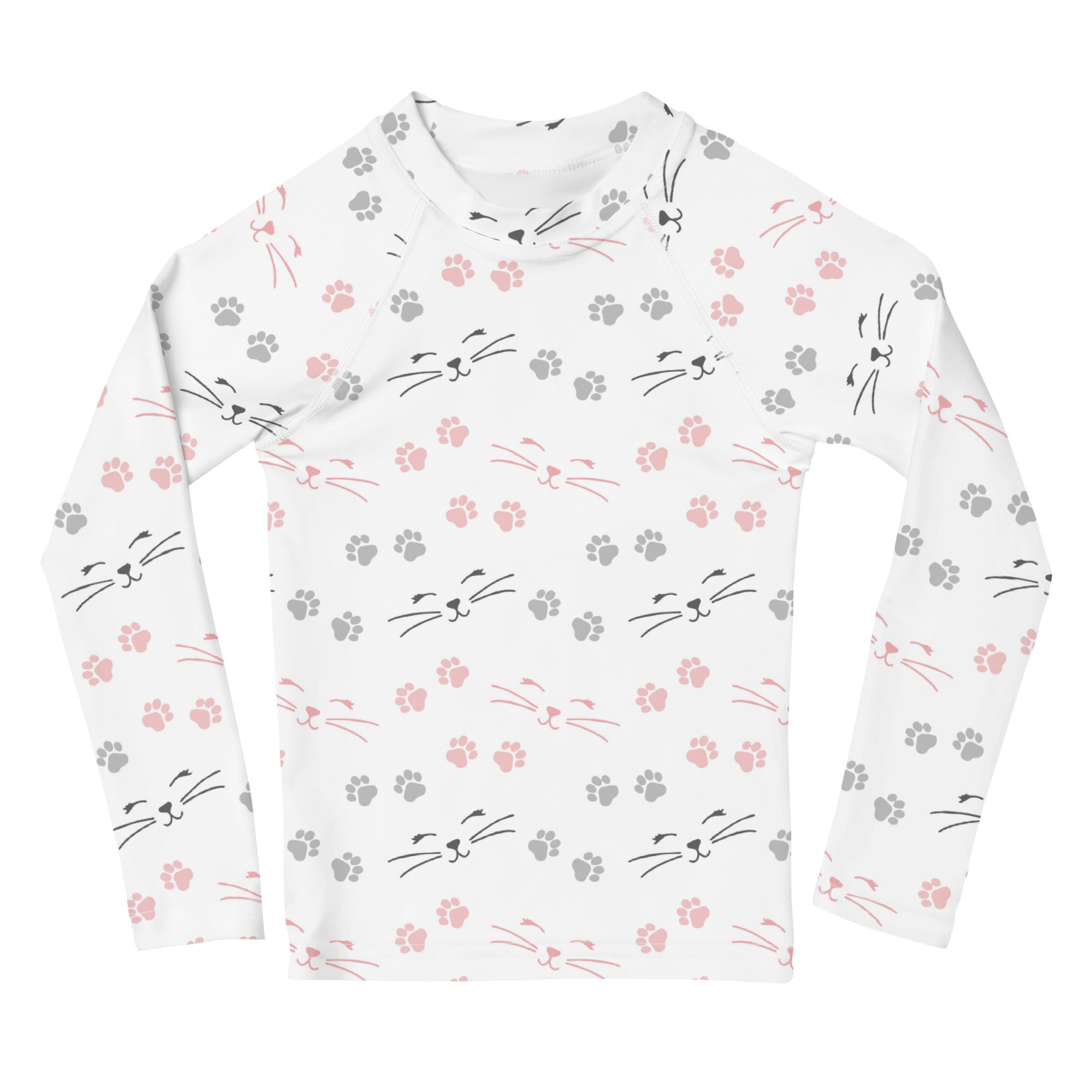Girls Paw Print Cat Long Sleeve Rash Guard Swim Shirt With UPF 50+
