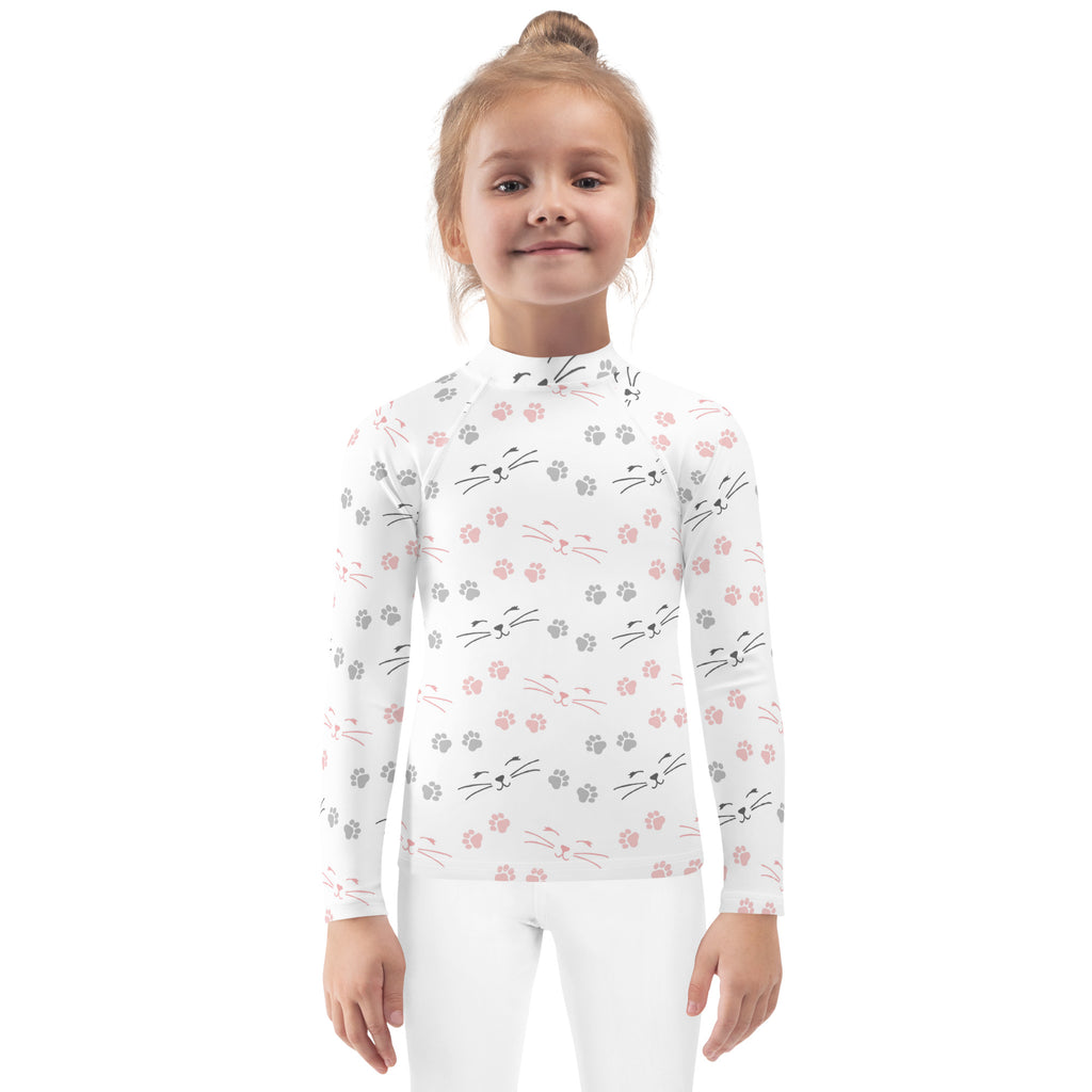 Girls Paw Print Cat Long Sleeve Rash Guard Swim Shirt With UPF 50+