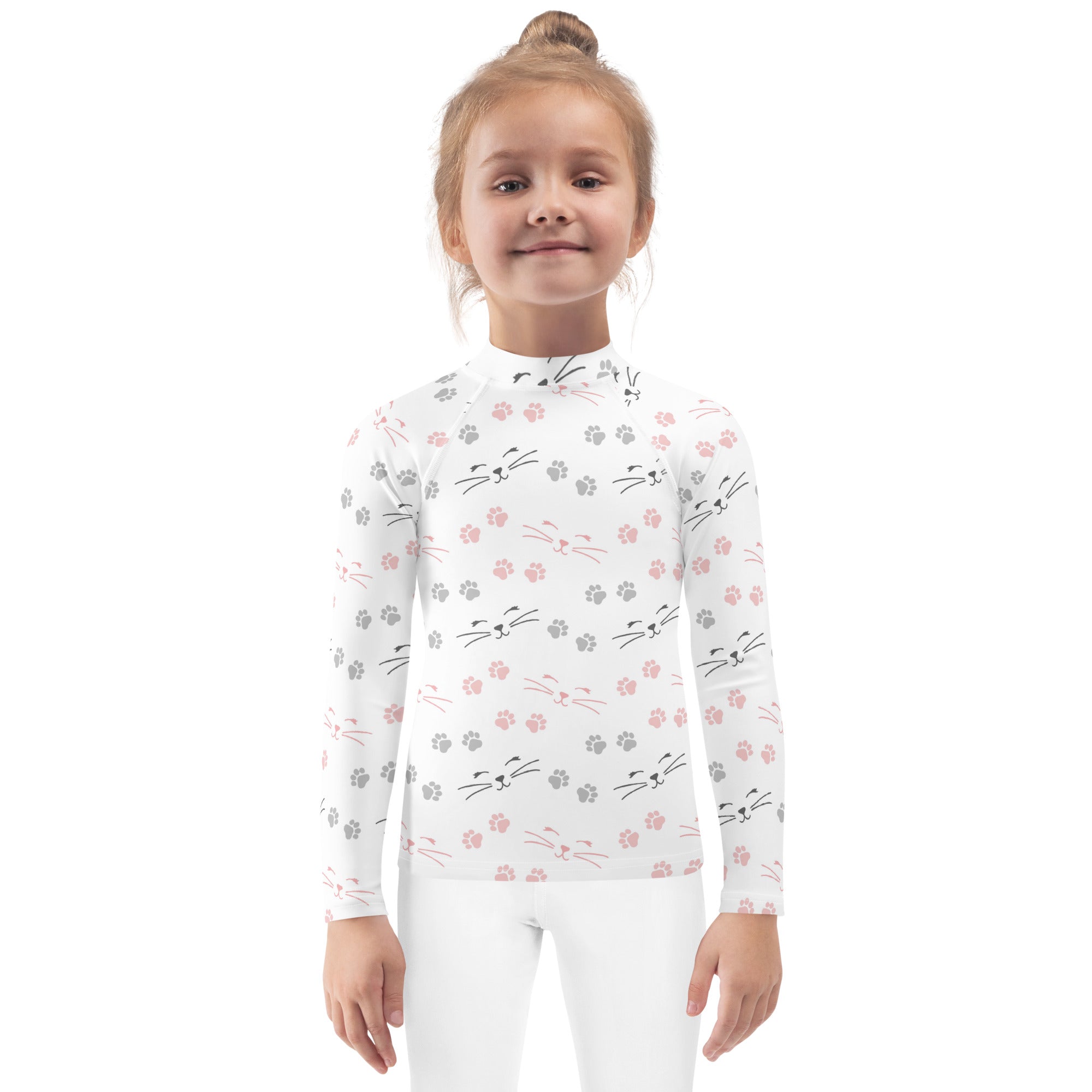 Girls Paw Print Cat Long Sleeve Rash Guard Swim Shirt With UPF 50+