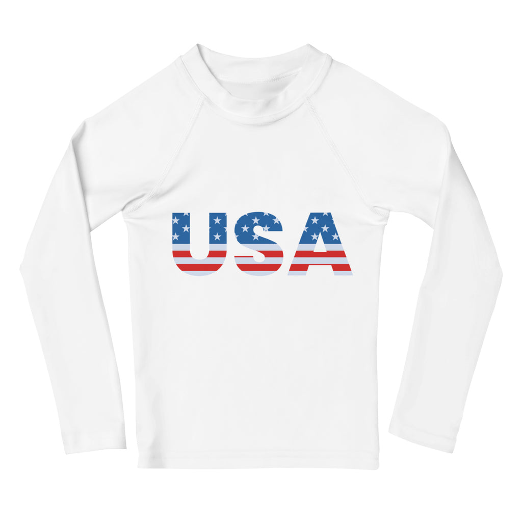 White long sleeve rash guard for kids with usa flag print and upf 50 plus protection for 4th of july swimwear