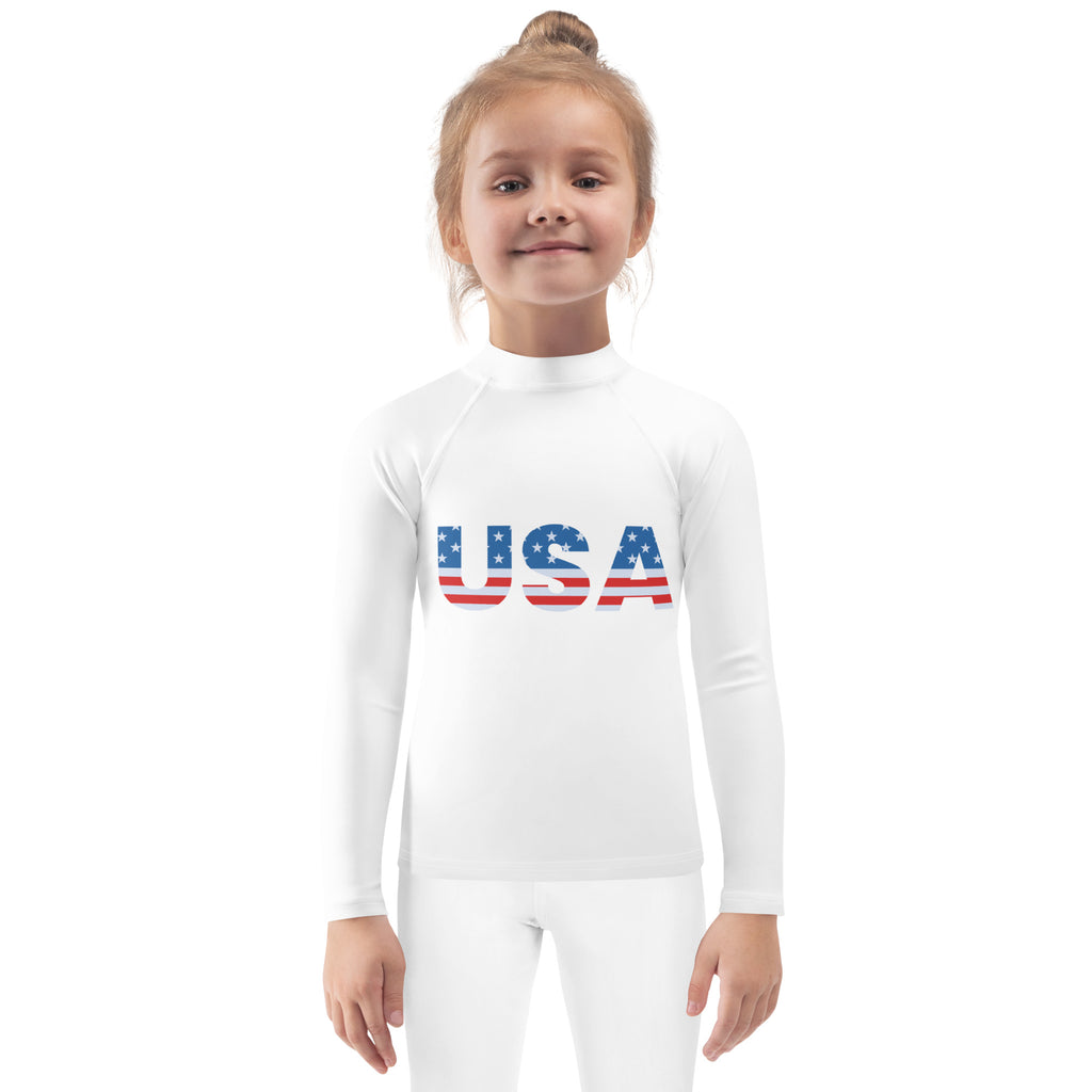 White long sleeve kids rash guard with usa flag design and upf 50 plus for 4th of july swim shirt