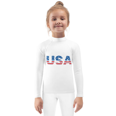 White long sleeve kids rash guard with usa flag design and upf 50 plus for 4th of july swim shirt