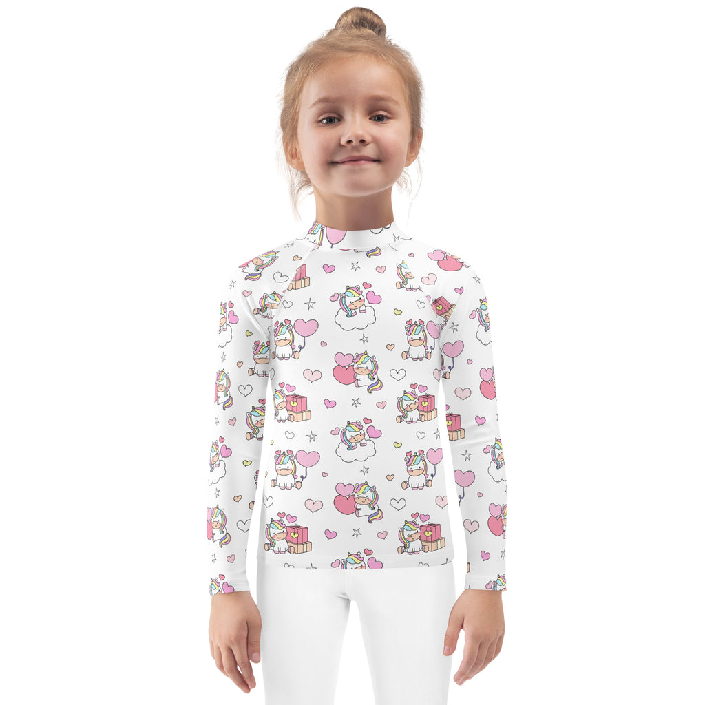 White girls long sleeve rash guard swim shirt with unicorns hearts stars pattern and upf 50 plus sun protection