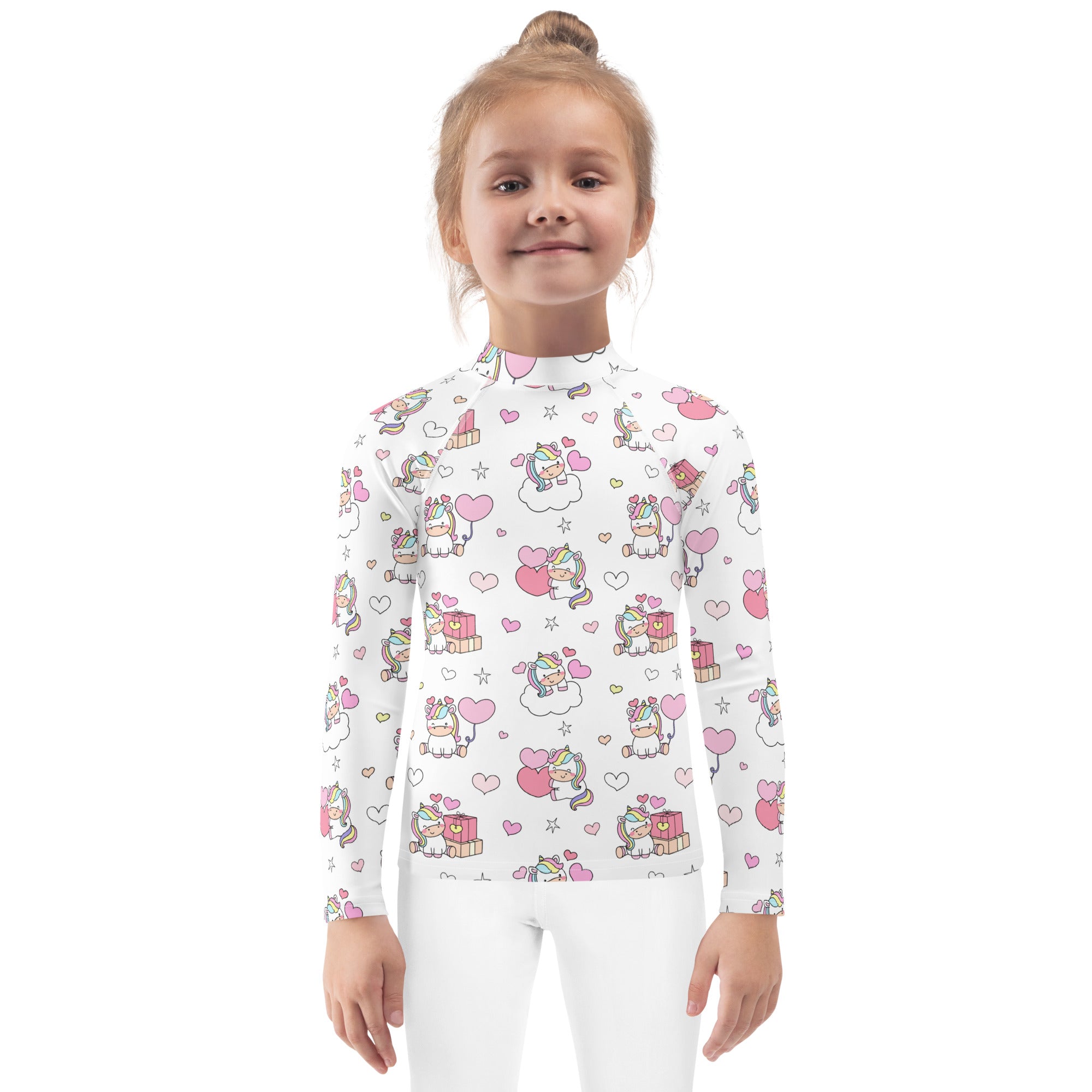 White girls long sleeve rash guard swim shirt with unicorns hearts stars pattern and upf 50 plus sun protection
