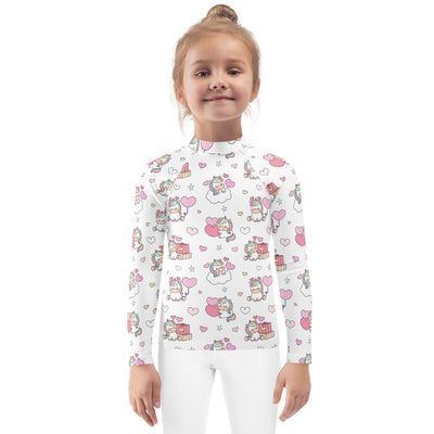 White girls long sleeve rash guard swim shirt with unicorns hearts stars pattern and upf 50 plus sun protection