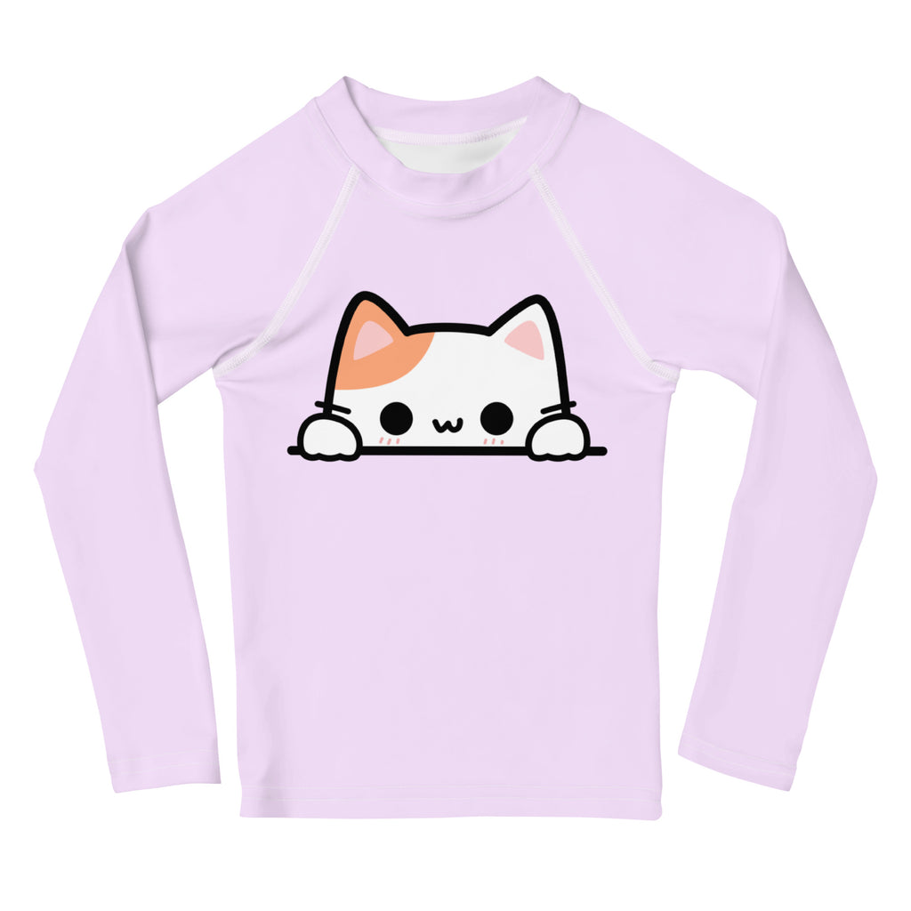 Girls Peeking Cat Long Sleeve Rash Guard Swim Shirt With UPF 50+