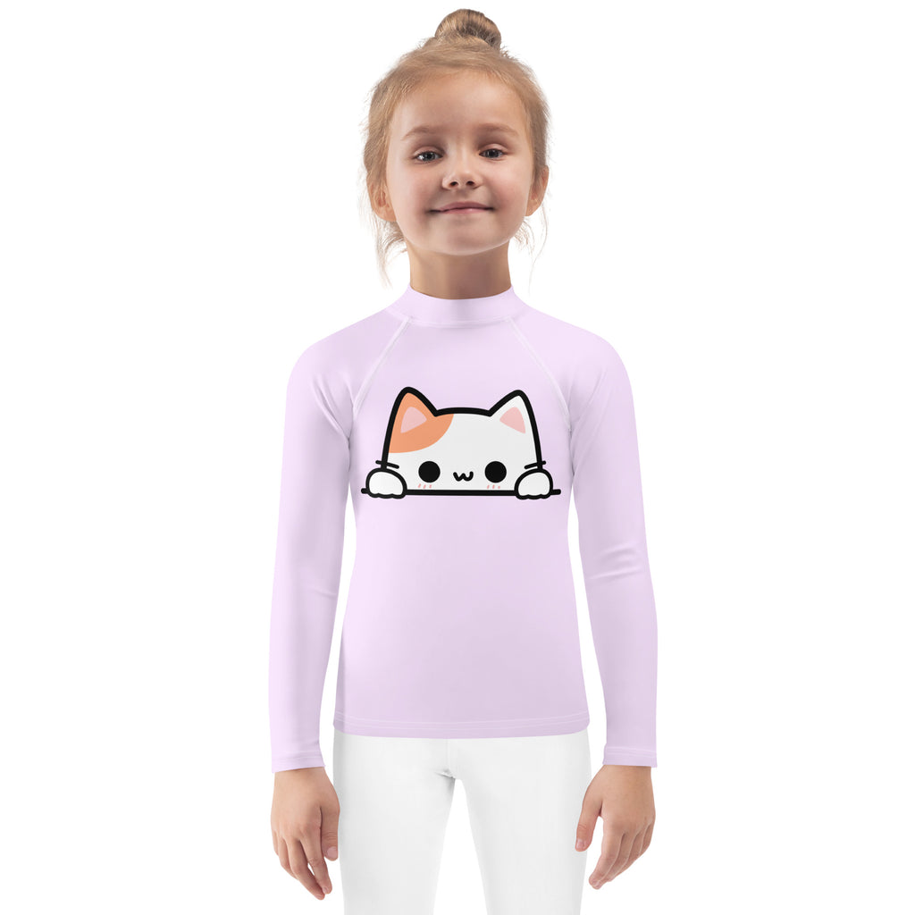 Girls Peeking Cat Long Sleeve Rash Guard Swim Shirt With UPF 50+