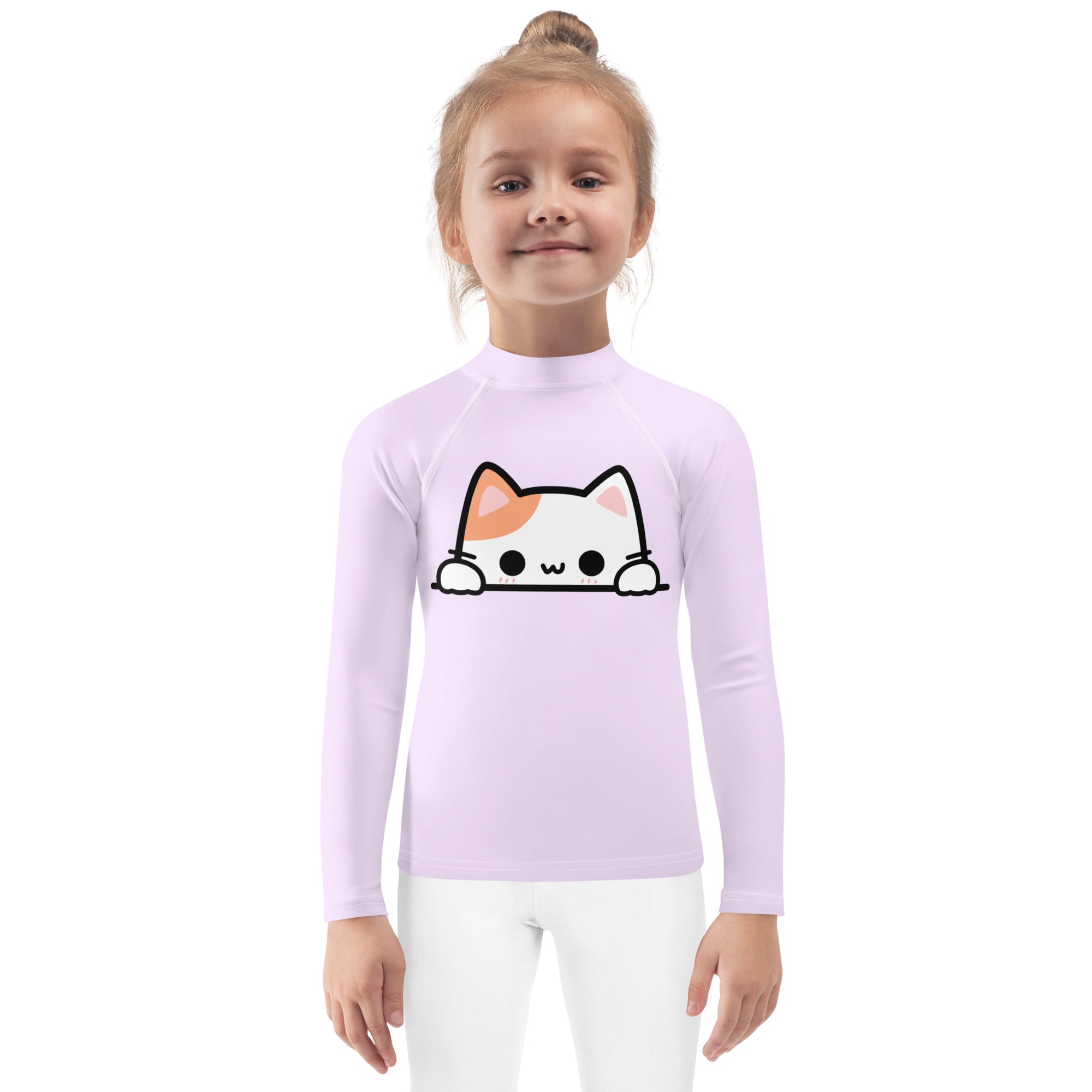 Girls Peeking Cat Long Sleeve Rash Guard Swim Shirt With UPF 50+