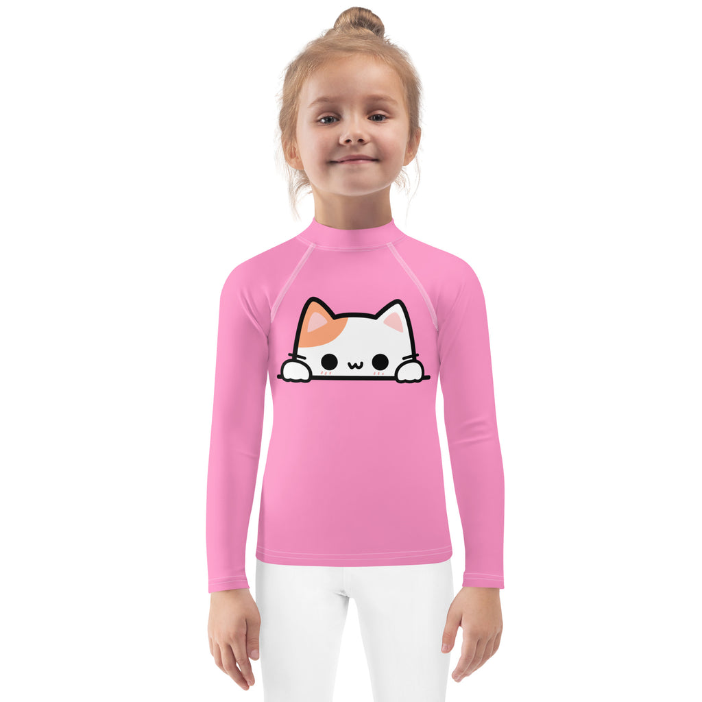 Girls Peeking Cat Long Sleeve Rash Guard Swim Shirt With UPF 50+