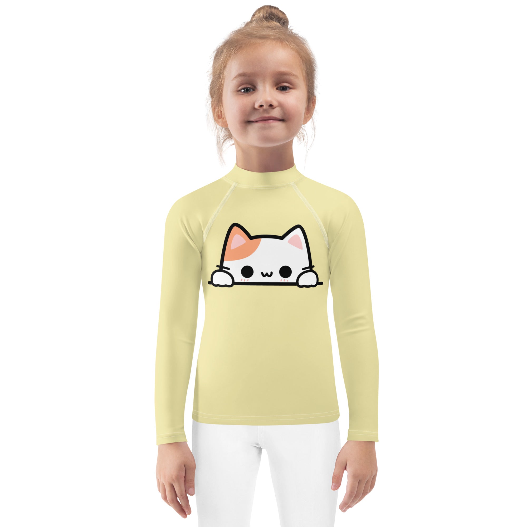 Girls Peeking Cat Long Sleeve Rash Guard Swim Shirt With UPF 50+