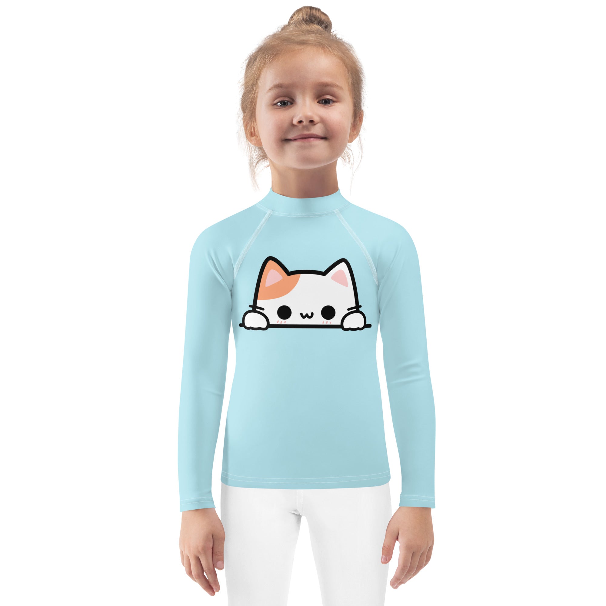 Girls Peeking Cat Long Sleeve Rash Guard Swim Shirt With UPF 50+