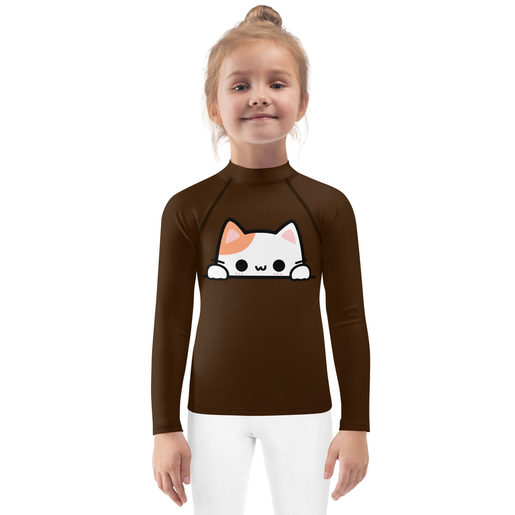 Girls Peeking Cat Long Sleeve Rash Guard Swim Shirt With UPF 50+
