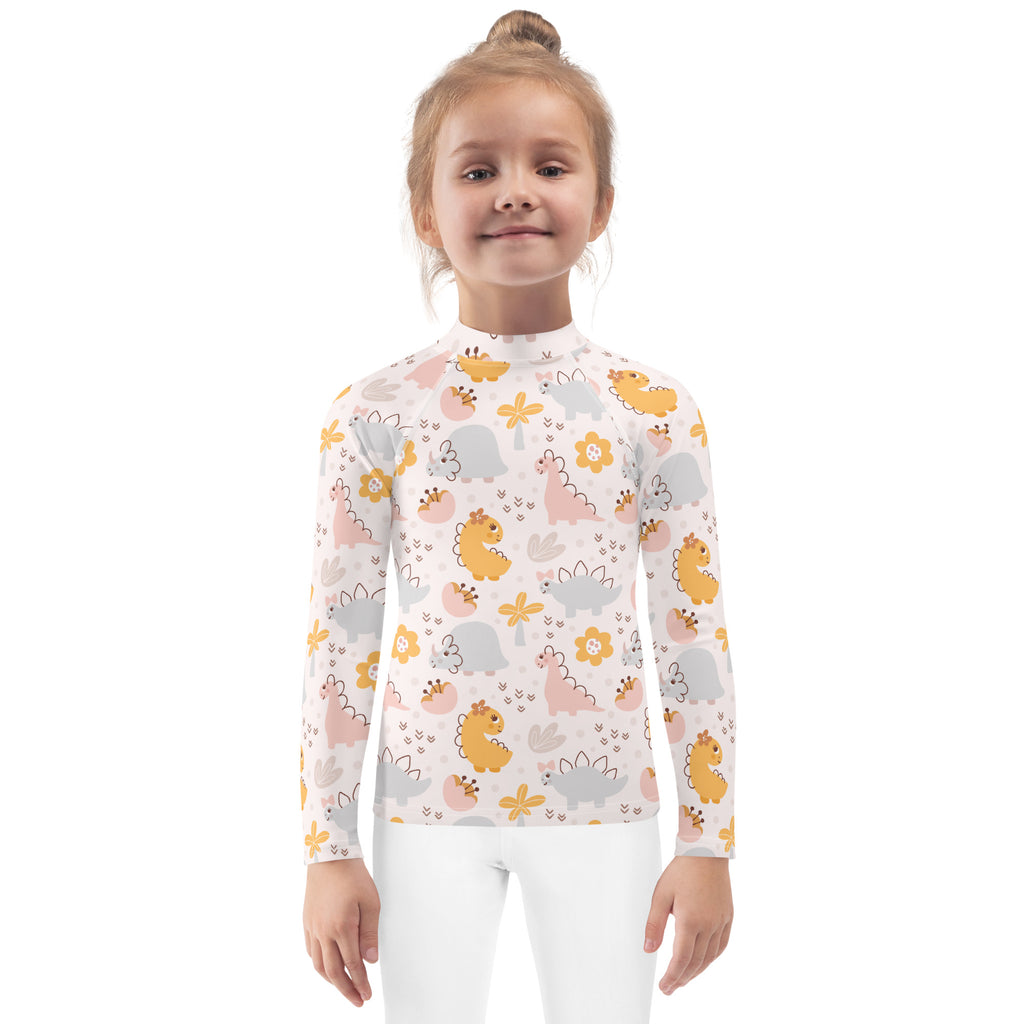 Girls floral dinosaur long sleeve rash guard swim shirt in white with cartoon dinosaurs and upf 50 plus protection