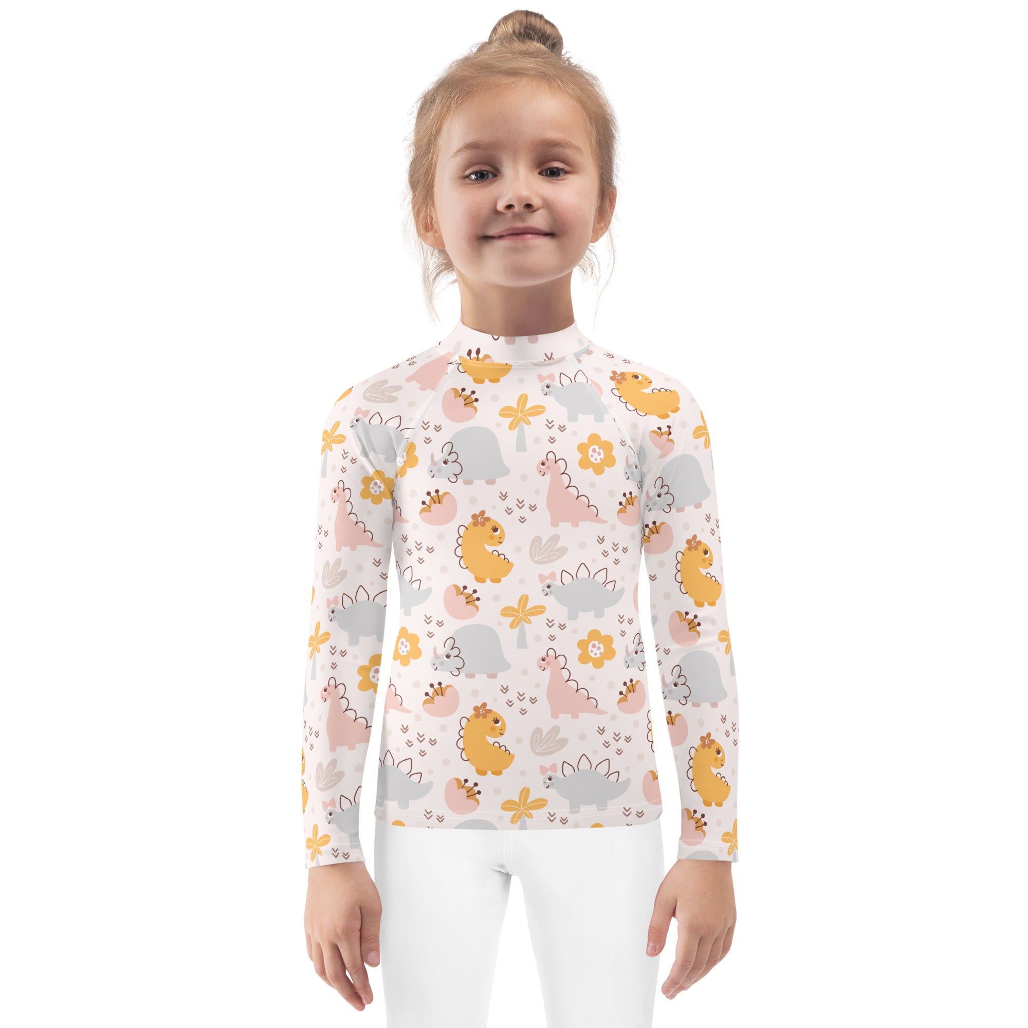 Girls floral dinosaur long sleeve rash guard swim shirt in white with cartoon dinosaurs and upf 50 plus protection