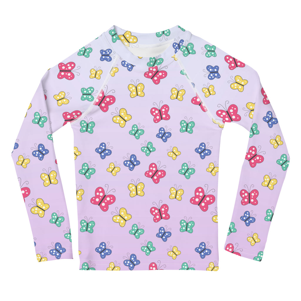 Girls colorful butterfly long sleeve lavender rash guard swim shirt with UPF 50 plus for sun protection