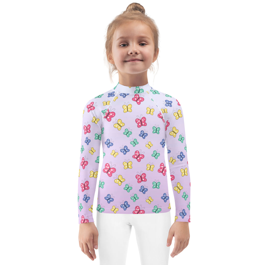 Girls colorful butterfly lavender long sleeve rash guard swim shirt with upf 50 plus for sun protection