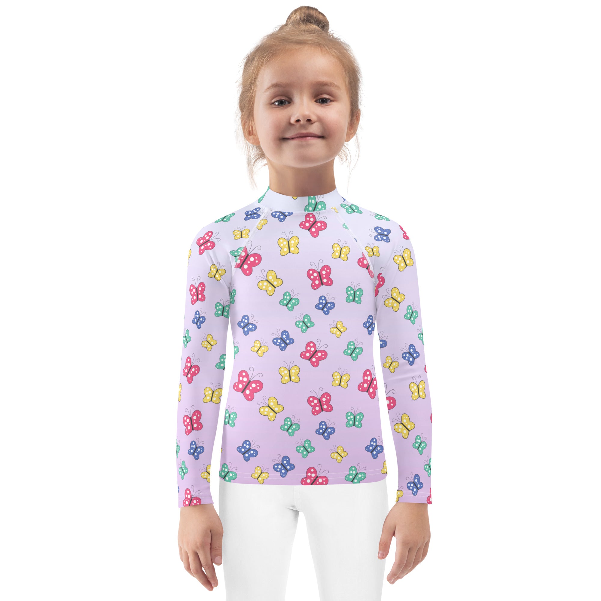 Girls colorful butterfly lavender long sleeve rash guard swim shirt with upf 50 plus for sun protection