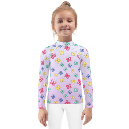 Girls Colorful Butterfly Long Sleeve Rash Guard Swim Shirt With UPF 50+