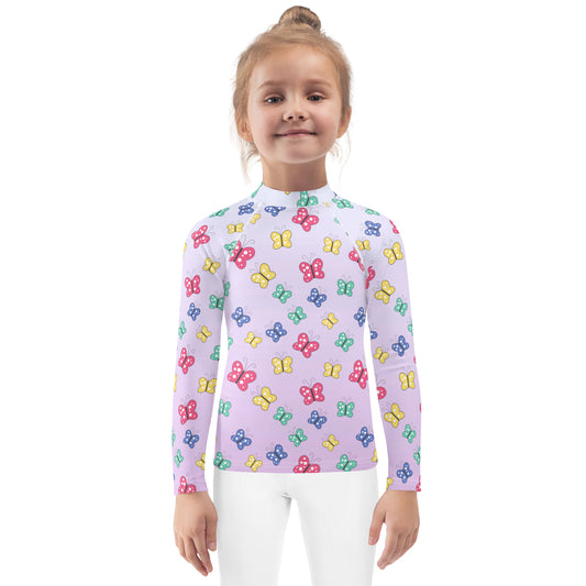 Girls Colorful Butterfly Long Sleeve Rash Guard Swim Shirt With UPF 50+