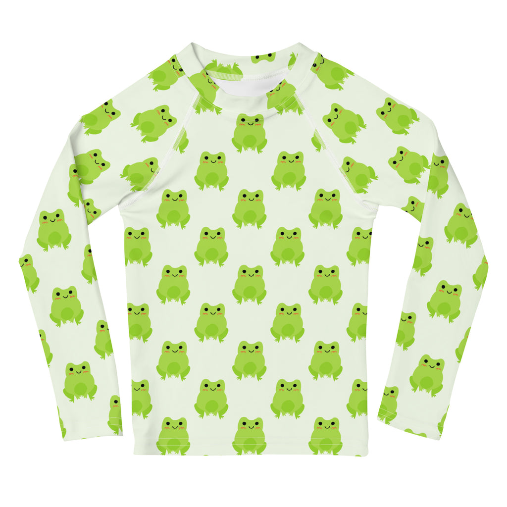 Kids green frog long sleeve rash guard swim shirt with UPF 50+ featuring a white base and cute cartoon frogs