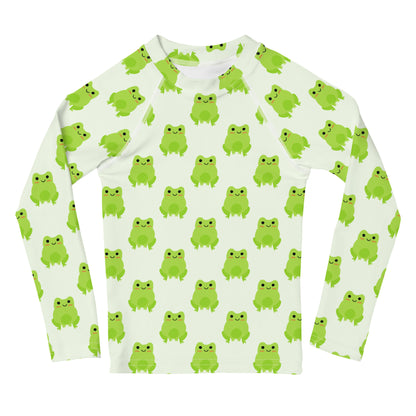 Kids Green Frog Long Sleeve Rash Guard Swim Shirt With UPF 50+