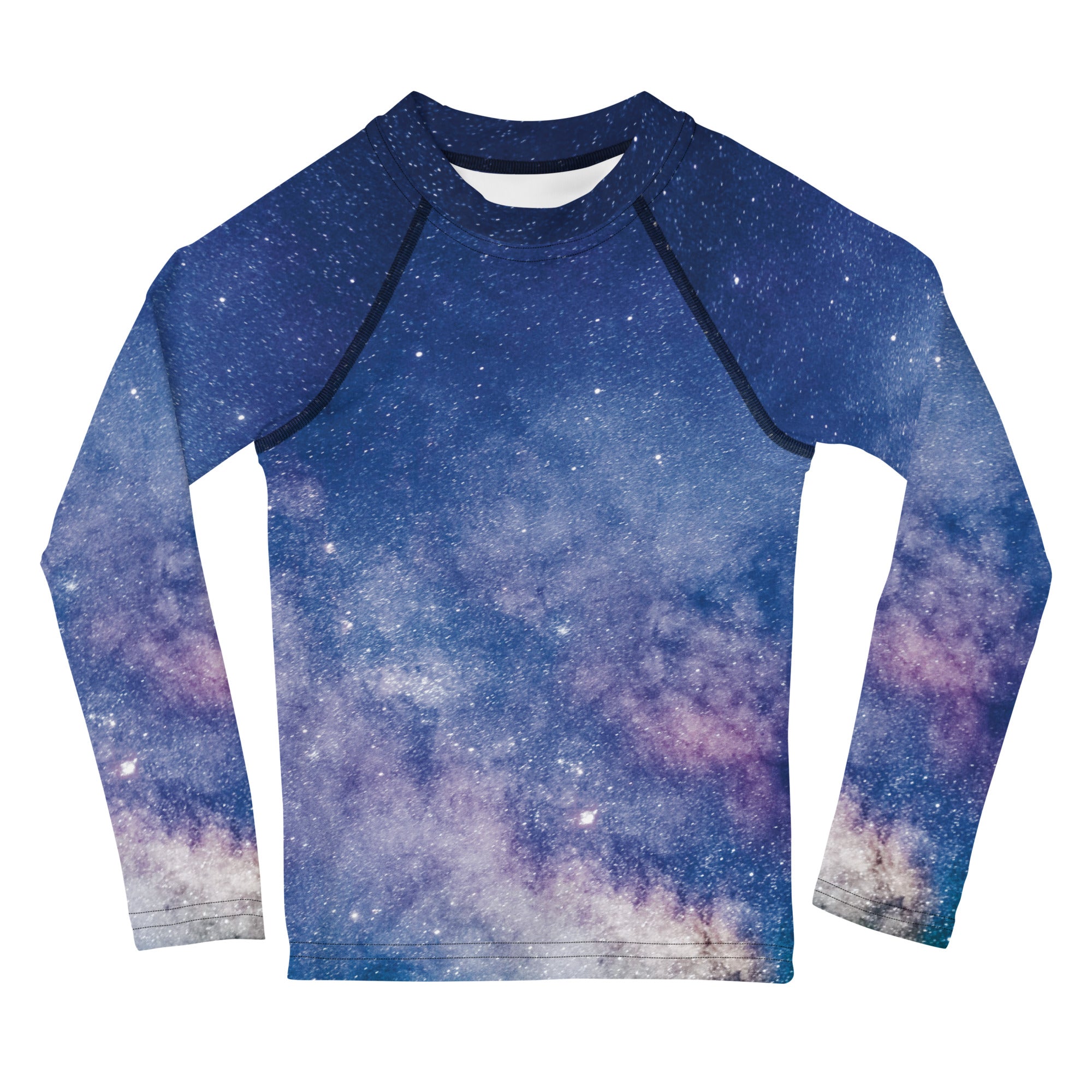Girls realistic galaxy long sleeve rash guard swim shirt with vibrant cosmic print in blues and purples and UPF 50 sun protection