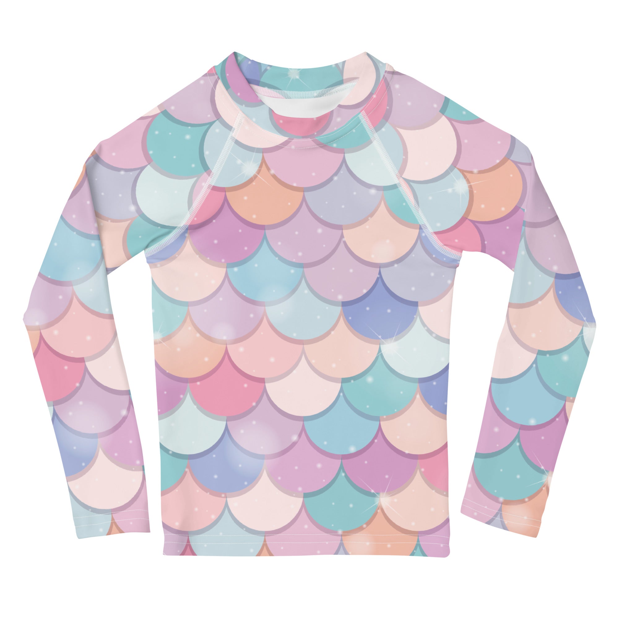 Girls Rainbow Mermaid Scales Long Sleeve Rash Guard Swim Shirt With UPF 50+