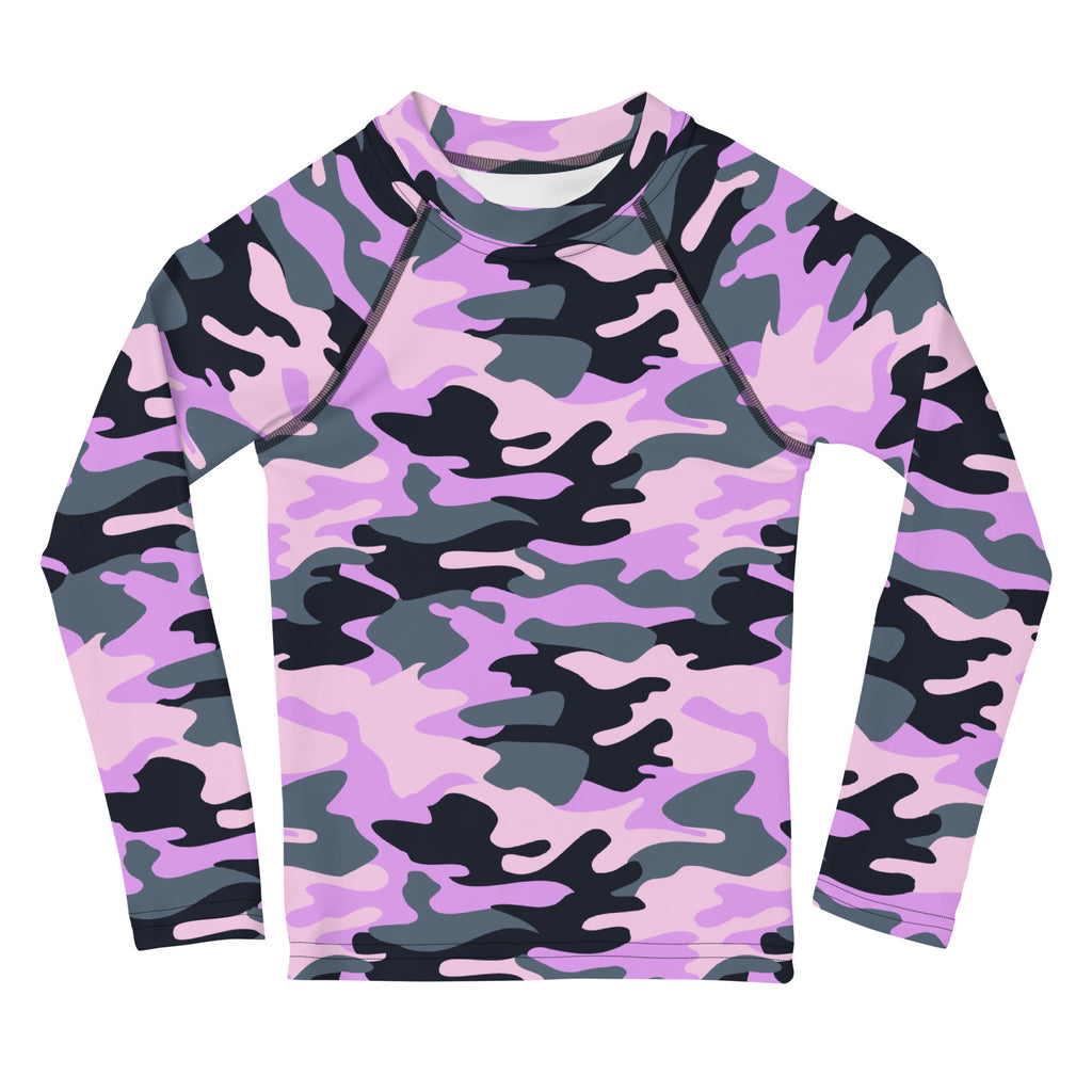 Girls purple camouflage long sleeve rash guard swim shirt with vibrant pink black and gray pattern and UPF 50+ protection