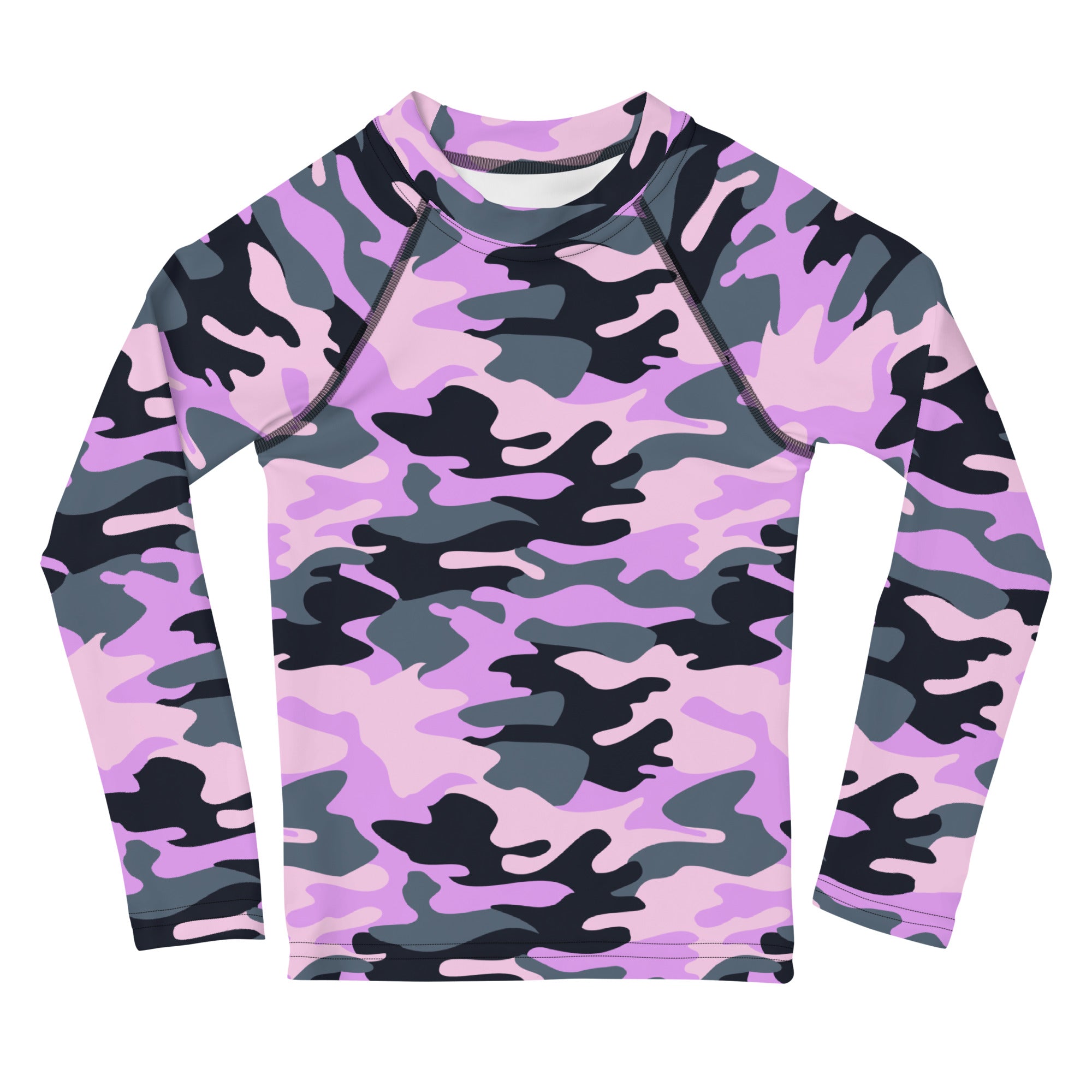 Girls purple camouflage long sleeve rash guard swim shirt with vibrant pink black and gray pattern and UPF 50+ protection