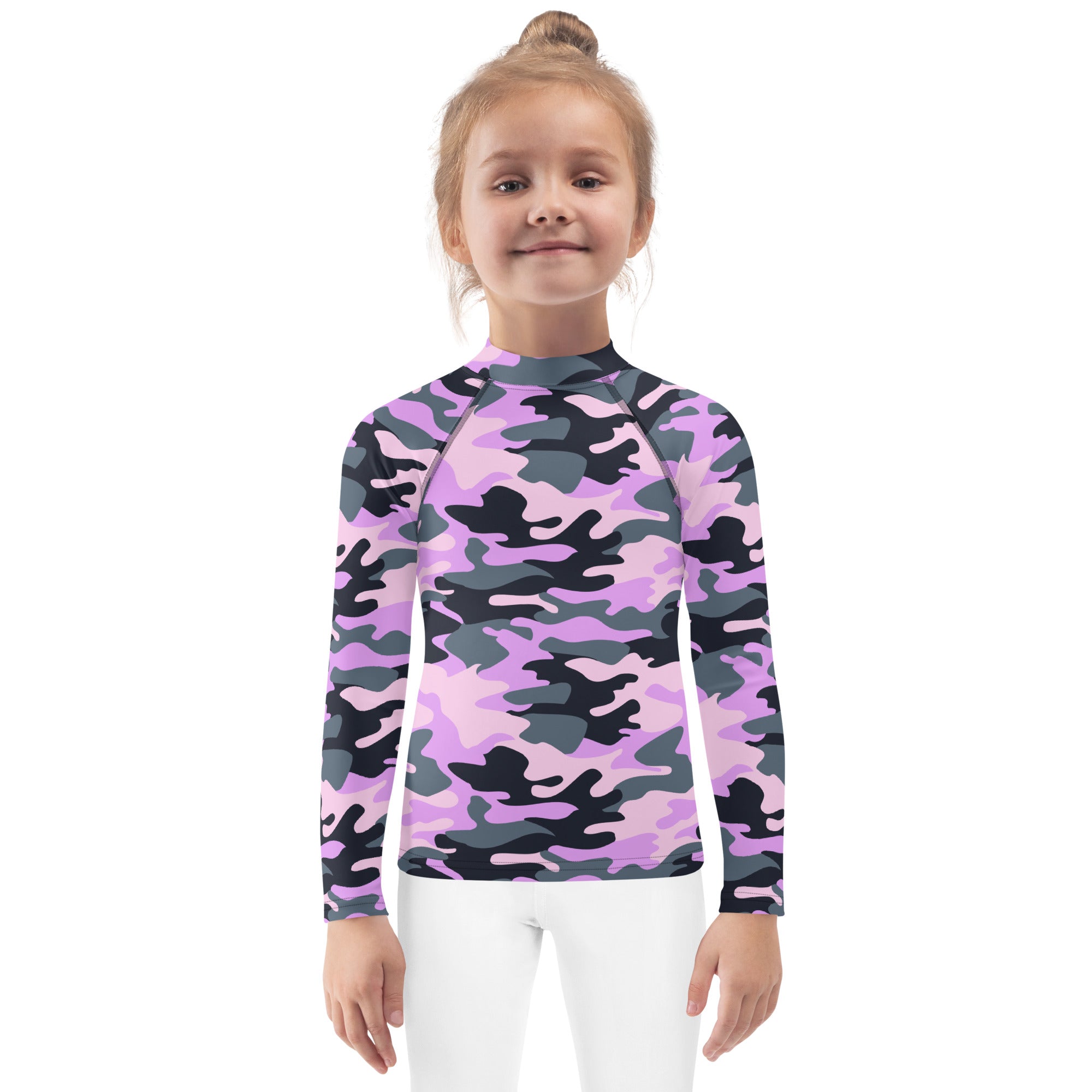 Girls purple camouflage long sleeve rash guard swim shirt with upf 50 plus featuring pink and dark gray pattern