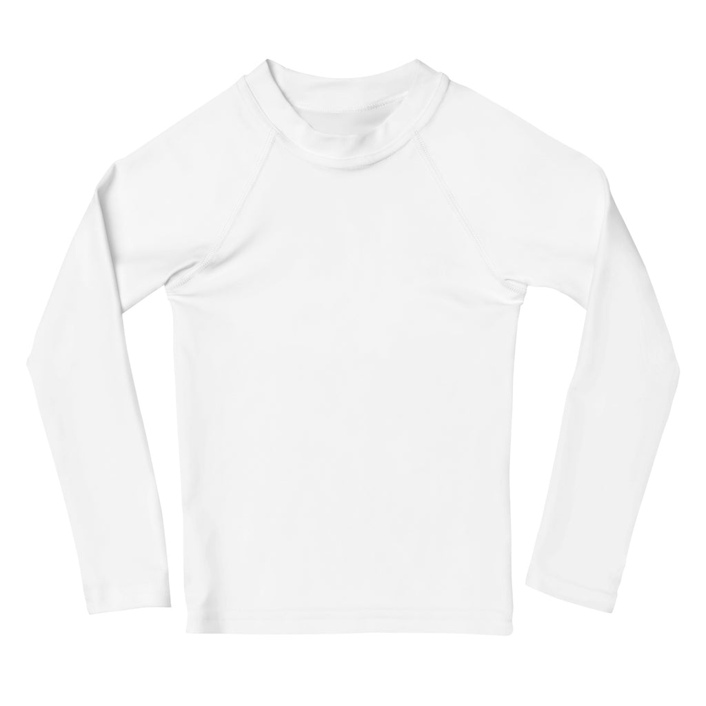 Kids white long sleeve rash guard swim shirt with UPF 50 plus featuring a high collar and raglan sleeves